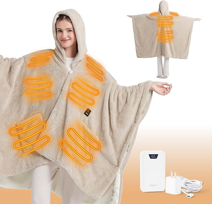 Bedsure Cordless Wearable Heated Blanket - Fluffy Electric Blanket Hoodie with 20000mAh Battery Pack, Portable USB Heated ...