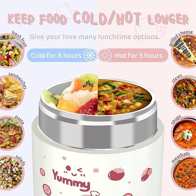 12oz Insulated Food Jar for Kids, Easy Carry, Wide Mouth, Thermos for Hot Food, Soup, Salad, Sandwich, School Lunches