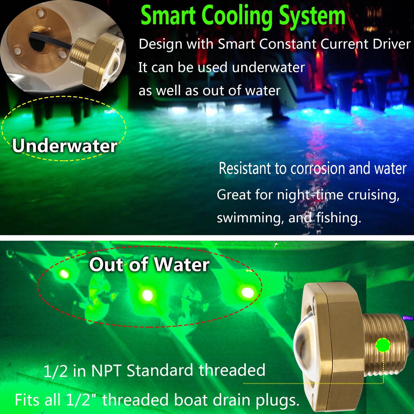 NBWDY Boat Drain Plug Light, 4100LM IP68 LED, Remote Control, Green, 1 Pcs, Bronze Housing
