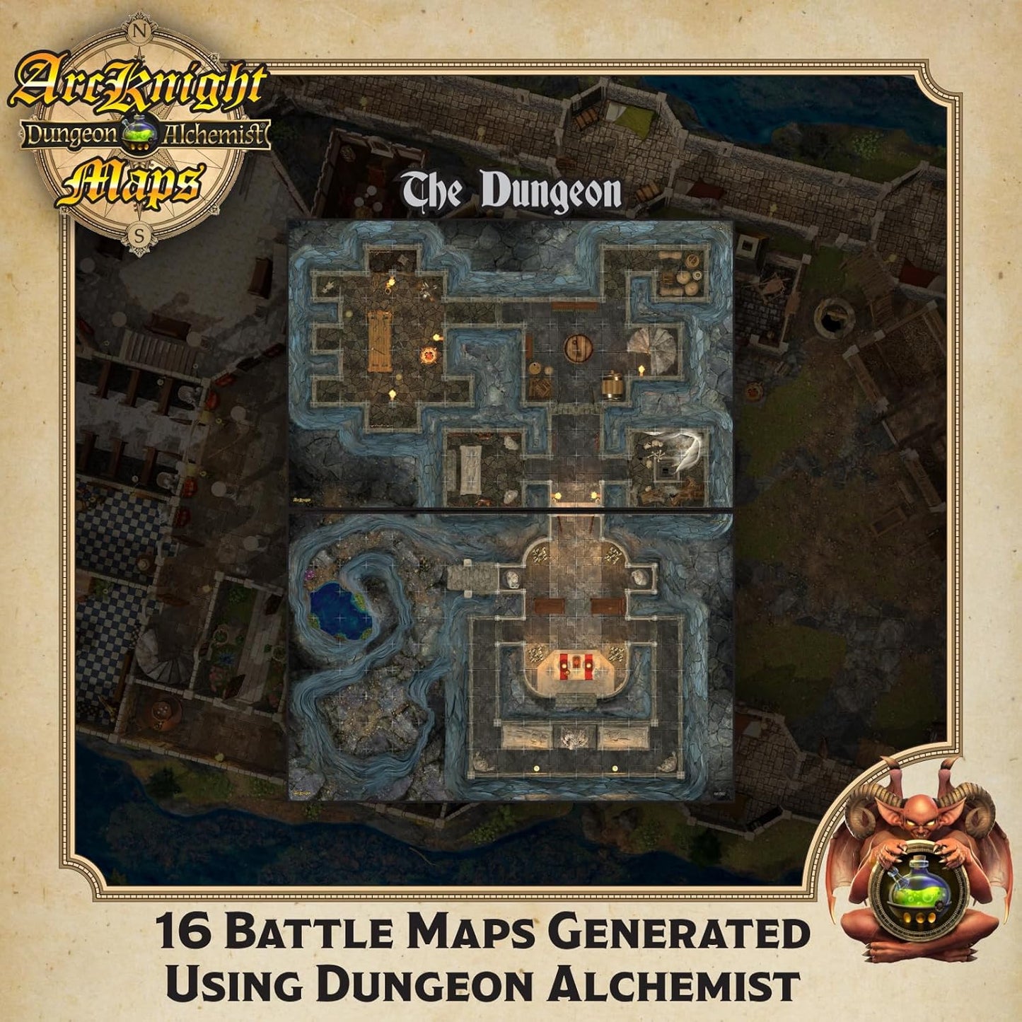 Arcknight The Noble's Keep Roleplaying D&D Battle Map; 16 Modular RPG Maps in 8 Double-Sided Pages, 1" Square Grid, Modular & Versatile DnD Map for ttrpg Gaming - for Dungeons & Dragons, Pathfinder