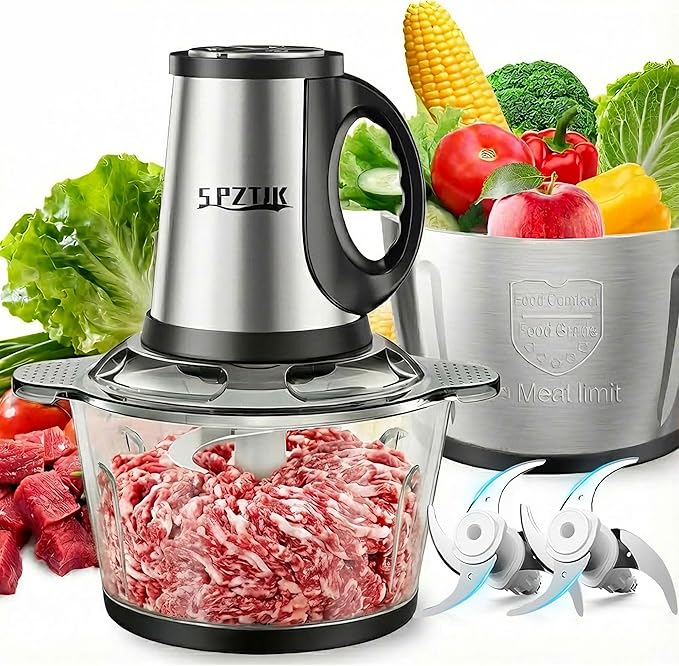 3-Speed Electric Food Processor: Meat Grinder, Vegetable Chopper & Baby Food Maker - 300W, 2 Bowls (8 Cup Stainless Steel+8 Cup Glass), Quiet Operation