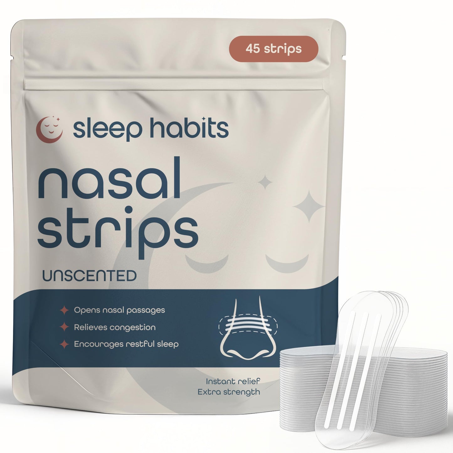 SleepHabits 45PC Breathing Strips, Non-Toxic Tested Nose Strips for Breathing & Sleep | Nasal Strips for Snoring Solution | Extra Strength for Sensitive Skin | Nasal Strips for Sleeping, Unscented