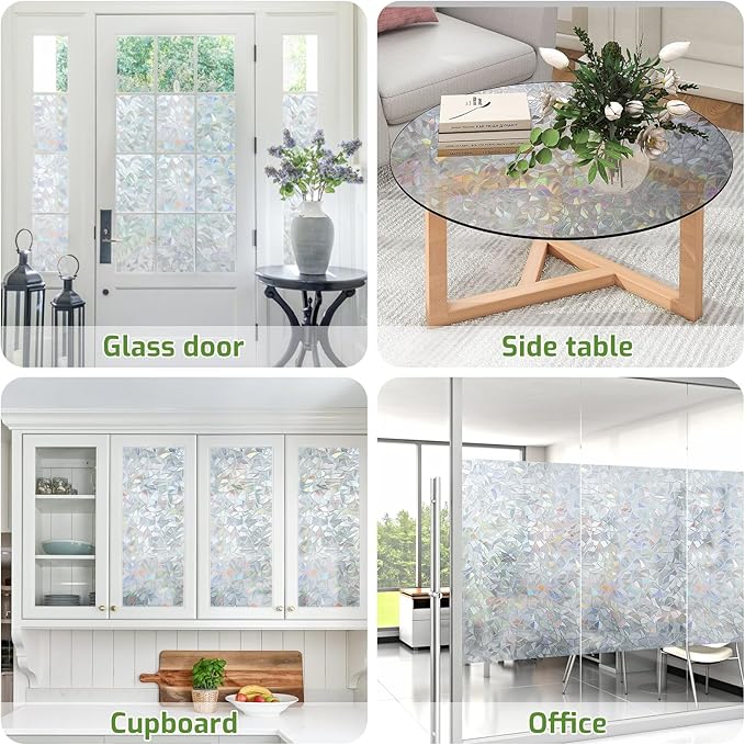 LUTE Window Privacy Film, Rainbow Window Flim, 3D Decorative Stained Glass Cling, Non-Adhesive Vinyl Static Cling UV Blocking Heat Control One Way Glass Covering for Home, Silver, 35.4 x 118.1 inches
