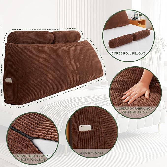HIGOGOGO Wedge Headboard Pillow, Bed Rest Reading Pillow, Backrest Positioning Support Bolster Cushion with Removable Cover,Queen Size 60X20.4X8.4,Coffee