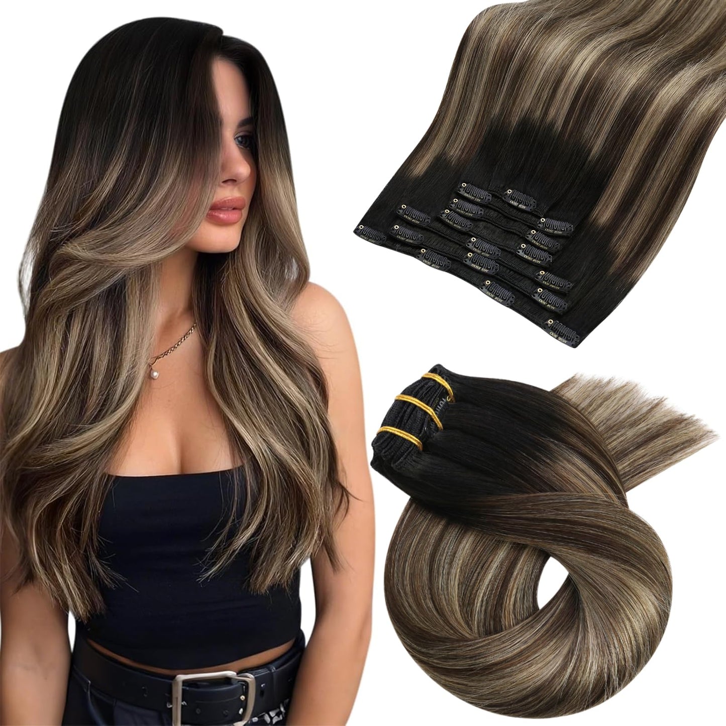 Moresoo Clip in Human Hair Extensions Balayage Straight Thick Double Weft Clip in Hair Extensions Ombre Off Black to Dark Brown