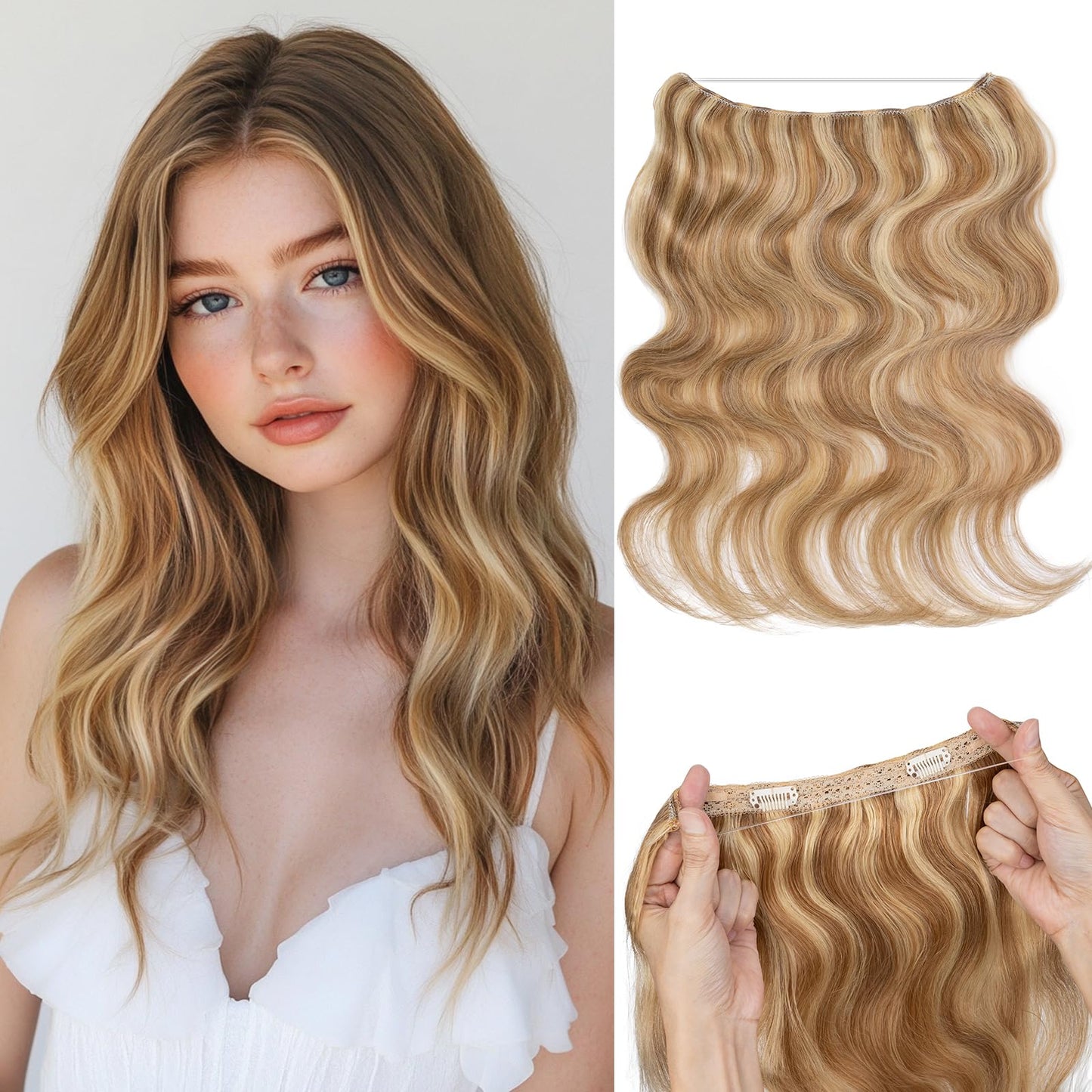 S-noilite Wavy Halo Hair Extensions Real Human Hair,16Inch Invisible Wire Hair Extensions,2 Clips Halo Extensions for Women(Gold