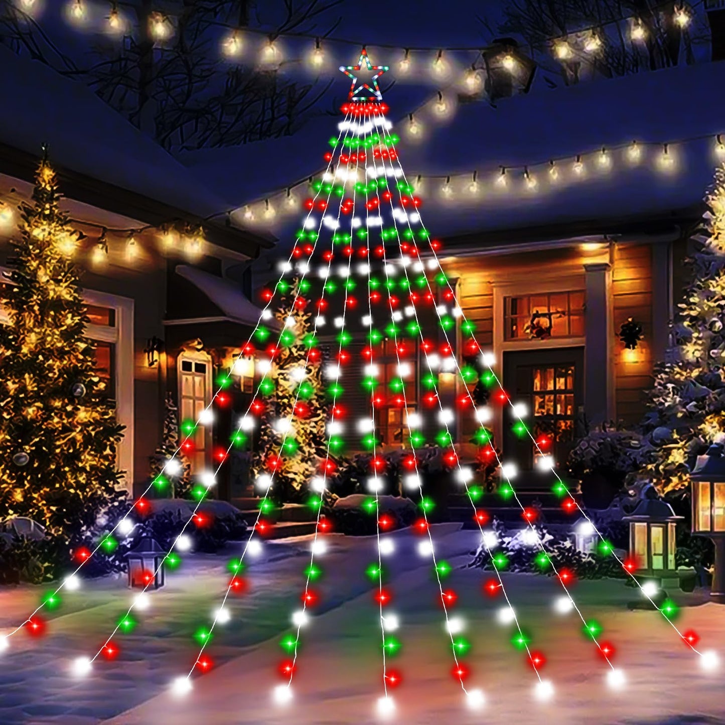 Cerflyer Outdoor Christmas Decorations String Lights  320 Led 11.5 Ft Waterfall Tree Lights With Star Topper 8 Lighting Modes Christmas Light For Indoor Outdoor Yard Home Festival Xmas New Year Decor
