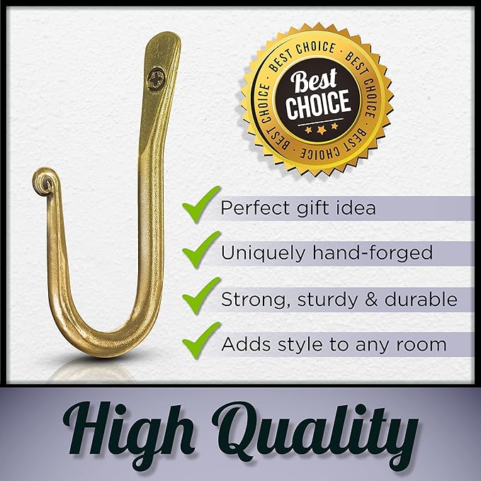 Wall Mounted Hook - Wrought Iron Decorative Blacksmith Handmade Simple Hook For Bathroom and Kitchen, Sturdy Hooks For Hanging Robes, Towels, Coats, cloths, Bags, Keys and Jewelries - Pack of 3 (Gold)