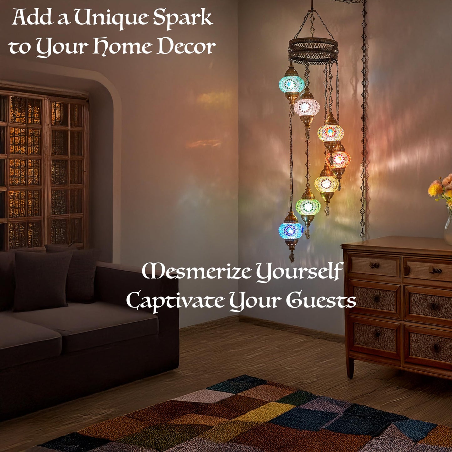 DEMMEX 7-Globe Turkish Moroccan Mosaic Chandelier, Tiffany Style, 59x14 Inches, Brown Amber, Model DEMMEX-Swag7