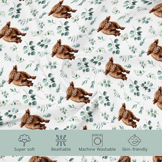 HawSkgFub Highland Cow Eucalyptus Leaf Changing Pad Cover for Baby Girl Boy, Natural Western Farm Animal Diaper Change Table Covers, Soft Stretchy Safe Snug Fitted Changing Mat Sheet Fit 32"/34" x 16"