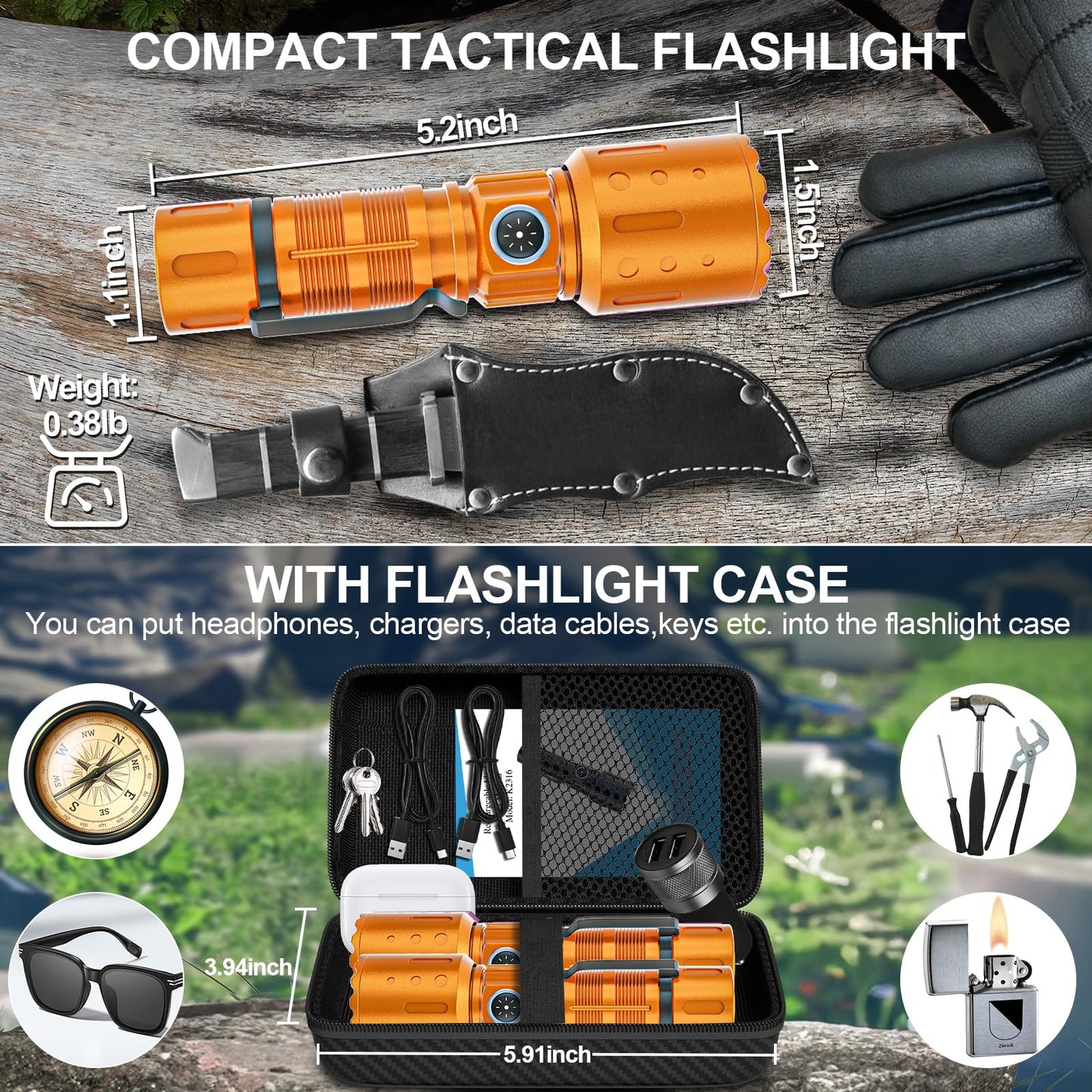 Flashlights High Lumens Rechargeable  20000 Lumens Super Bright 1500 Meters Long Range Small Powerful Flashlight  6 Modes Led Tactical Pocket Waterproof Flash Light For Home Emergency (2  Orange)