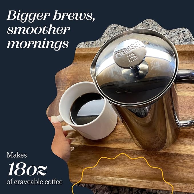 ESPRO P7 Polished French Press Stainless Steel 304 – Patented Double Walled Micro-Filter Insulated French Press Coffee Maker, Grit-Free Brew - Heat Resistant BPA Free (18oz)