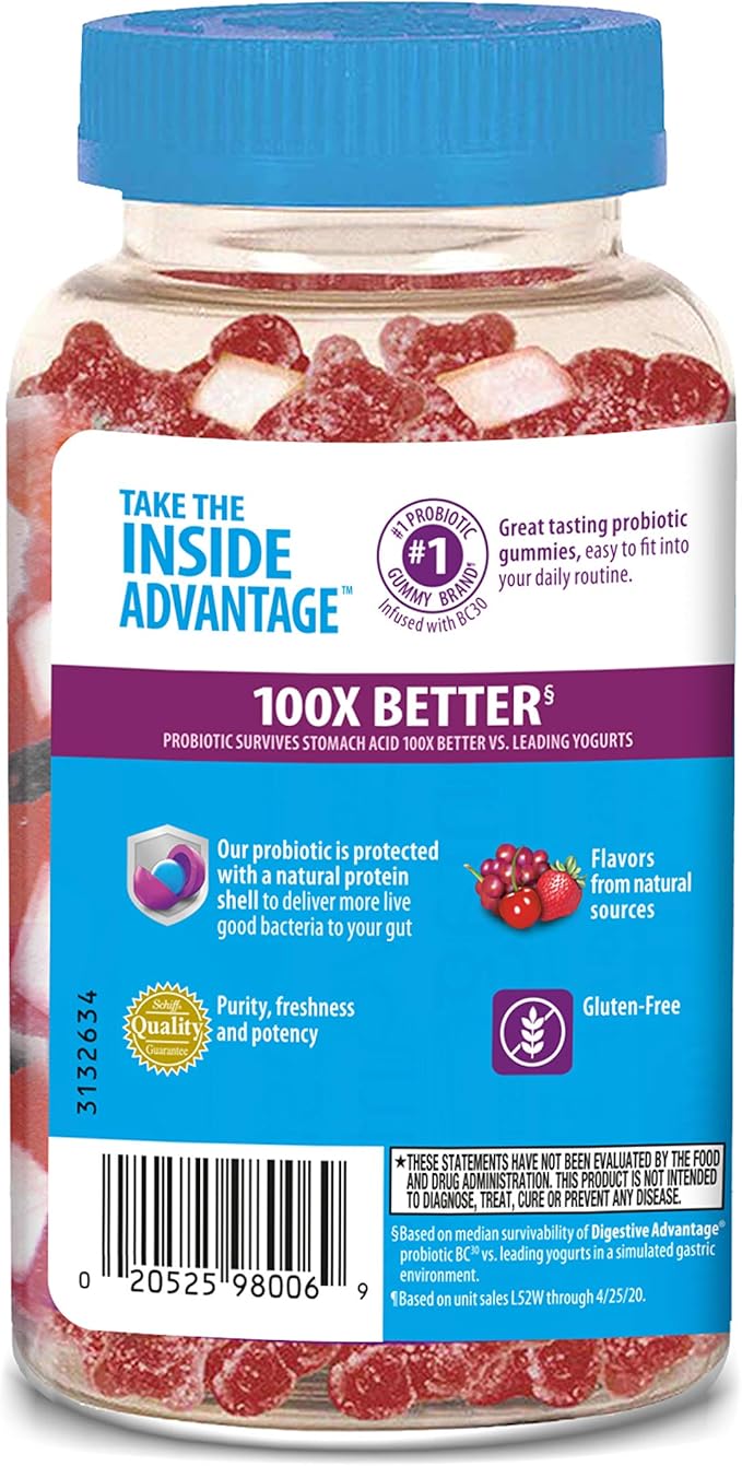 Digestive Advantage Daily Probiotic Gummies for Digestive & Gut Health for Men and Women, Superfruit Flavor, Red, 180 Count, Pack of 2
