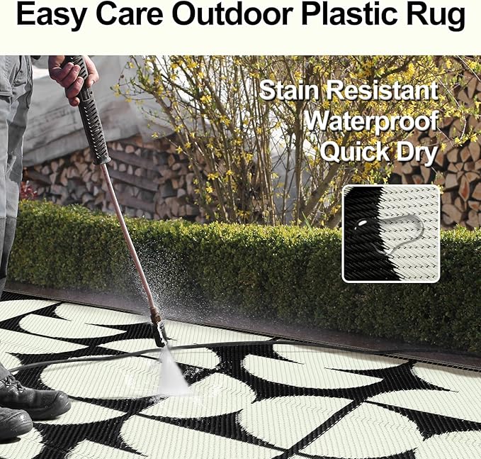Wonnitar 8x10 Outdoor Rug, Large Waterproof Reversible Outdoor Patio Area Rug, Indoor/Outdoor Plastic Straw Portable Camping Rug for Outside RV Balcony Garden Deck (Black & White,8'x10')