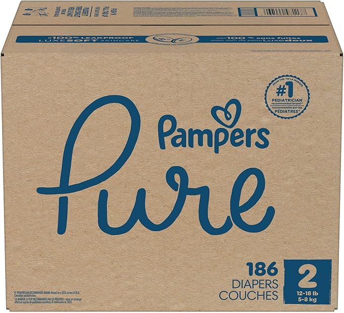 Pampers Pure Protection Baby Diapers, Size 2 (12-18 lbs), 186 Count, Up to 100% Leakproof, Premium Plant-Based Skin Protection, Hypoallergenic Soft Diapers
