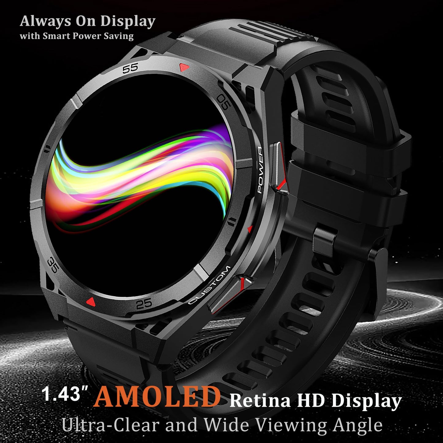 Military GPS Smart Watch: 1.43” AMOLED Always On Display, Built-In GPS, Compass, Altimeter, Barometer, Fitness/Path Tracker, BT Call, 150+ Sports, IP69K, Voice Assist, Long Battery Life, Android/iOS