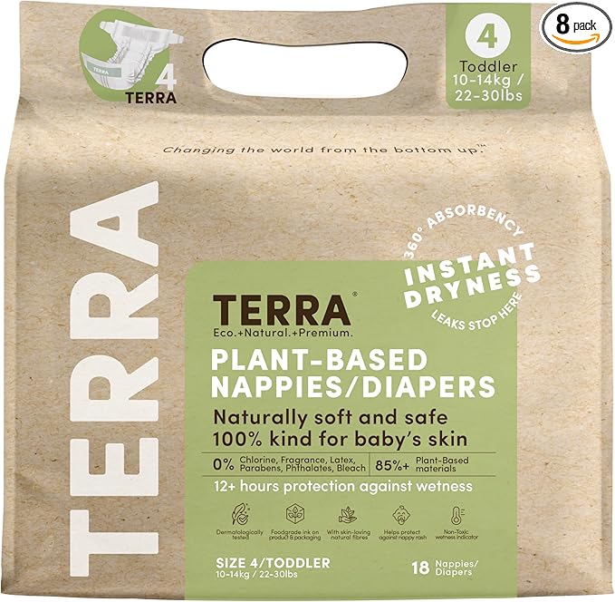 Terra Size 4 Diapers: 85% Plant-Based Diapers, Ultra-Soft & Chemical-Free for Sensitive Skin, 22-30 Pounds, 18 Count (Pack of 8)