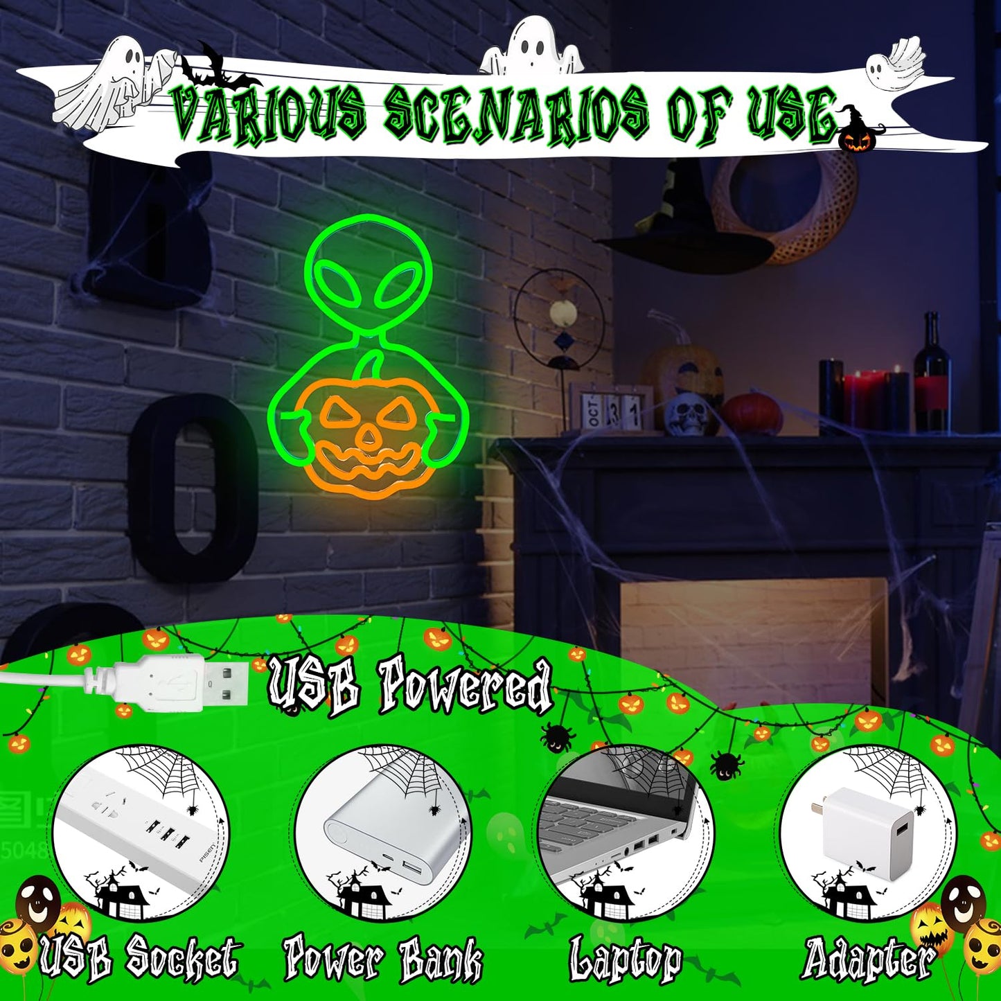 Jeanchrl Alien Pumpkin Neon Sign Halloween Neon Light Sign For Bedroom Usb Powered Pumpkin Led Sign For Wall Decor Adjustable Alien Neon Wall Art Gifts For Friends Kids Halloween Decorations