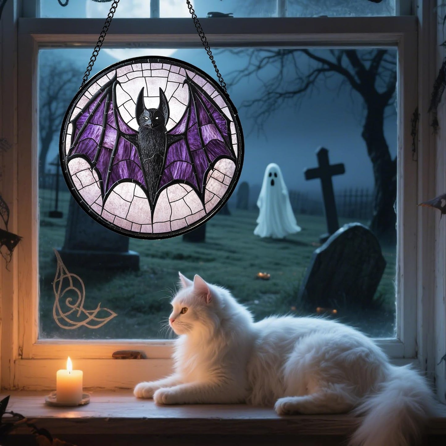 Stained Glass Window Hanging - Halloween Black Bat Purple Wings Monster Suncatcher for Doors Garden Home Spooky Sun Catchers Gothic Decor Horror Gift for Women Men Friend Boy Girl 7.8 in
