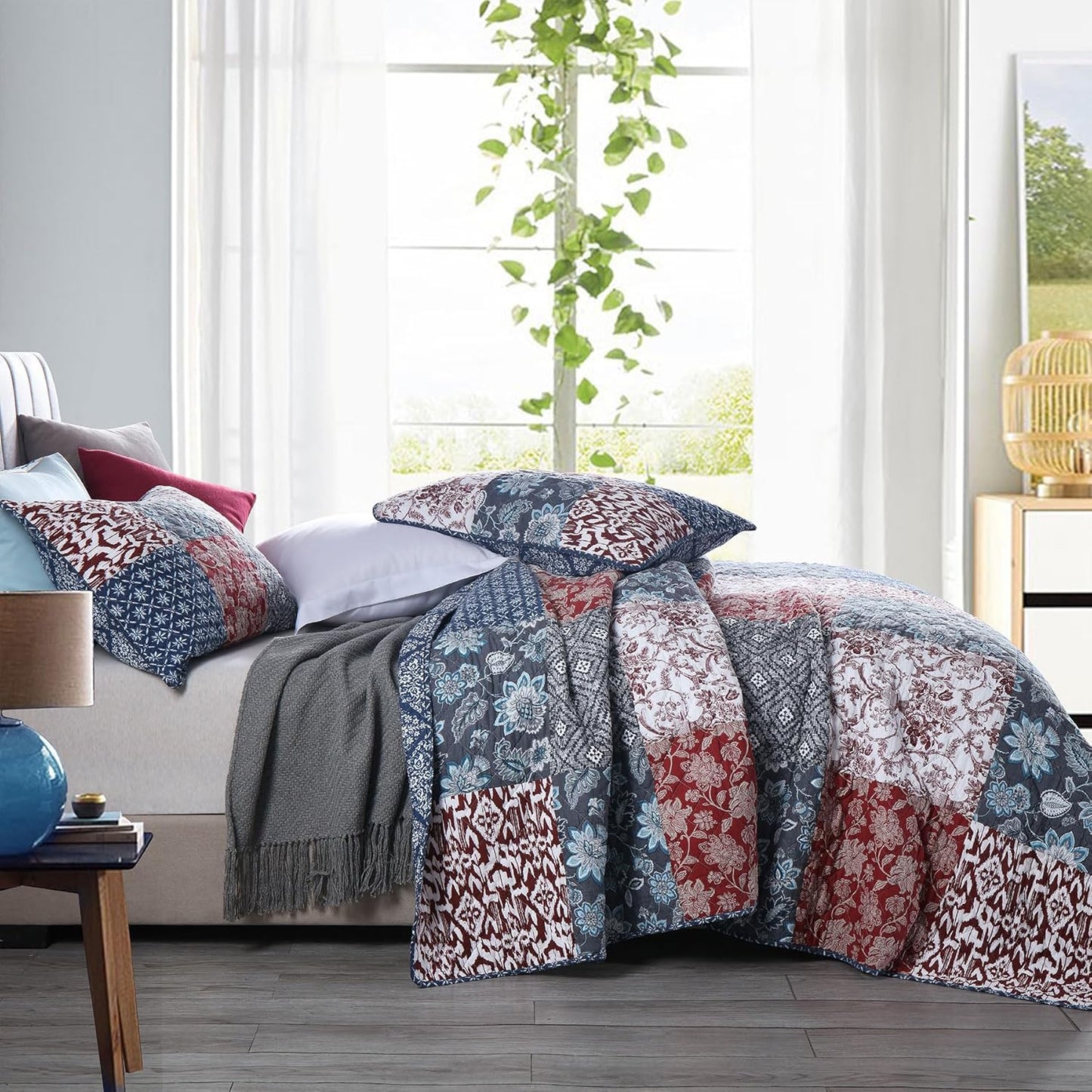 Secgo King Size Comforter Set- 100% Cotton Quilt King Size Set, Burgundy bedspreads (96 * 108 Inch) with 2 Pillow Shams, Patchwork Reversible Lightweight Bedding