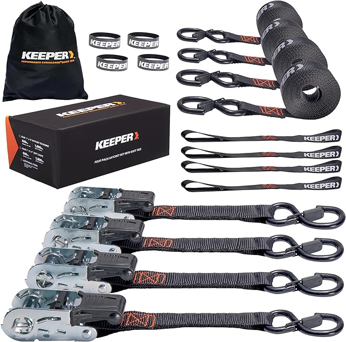 Keeper Ratchet Tie Down Straps Kit, 4 Pack - 1in. x 15ft. Heavy Duty Cargo Straps for Motorcycle, ATV, UTV & Moving – 1800...