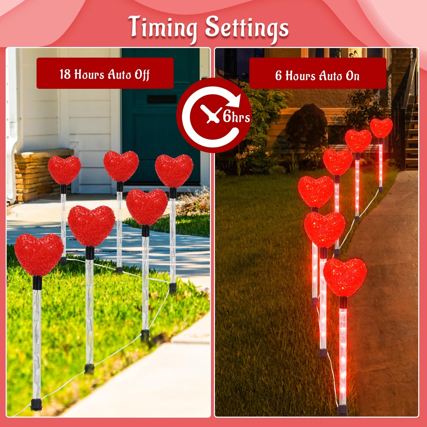 YUNVI 6 Pack Valentine's Day Pathway Lights,8 Modes LEDs Red Heart Stake Light with Timer Valentine Walkway String Lights Markers for Outdoor Backyard Patio Lawn Garden Party Decoration
