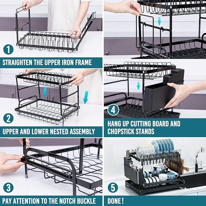 2 Tier Dish Racks for Kitchen Counter and Sink - Large Dish Drying Rack with Drainboard & Utensil Holders - Stainless Steel Dish Drainers Kitchen Organization and Storage for Space Saving (White)