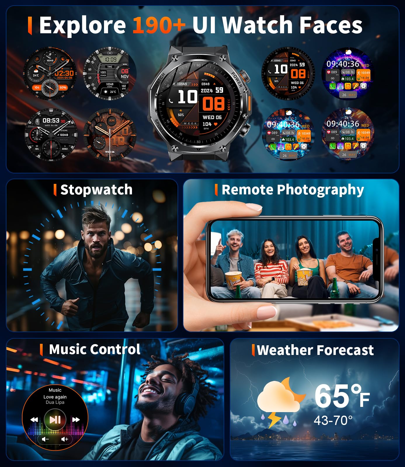SUNKTA EF15 Military Smart Watch for Men - LED Flashlight, 1.75" HD Fitness Tracker Watch, 800mAh Long Battery Mens Smart Watches, 110+ Sport Mode/Pedometer/IP68 Waterproof Smartwatch for Android iOS