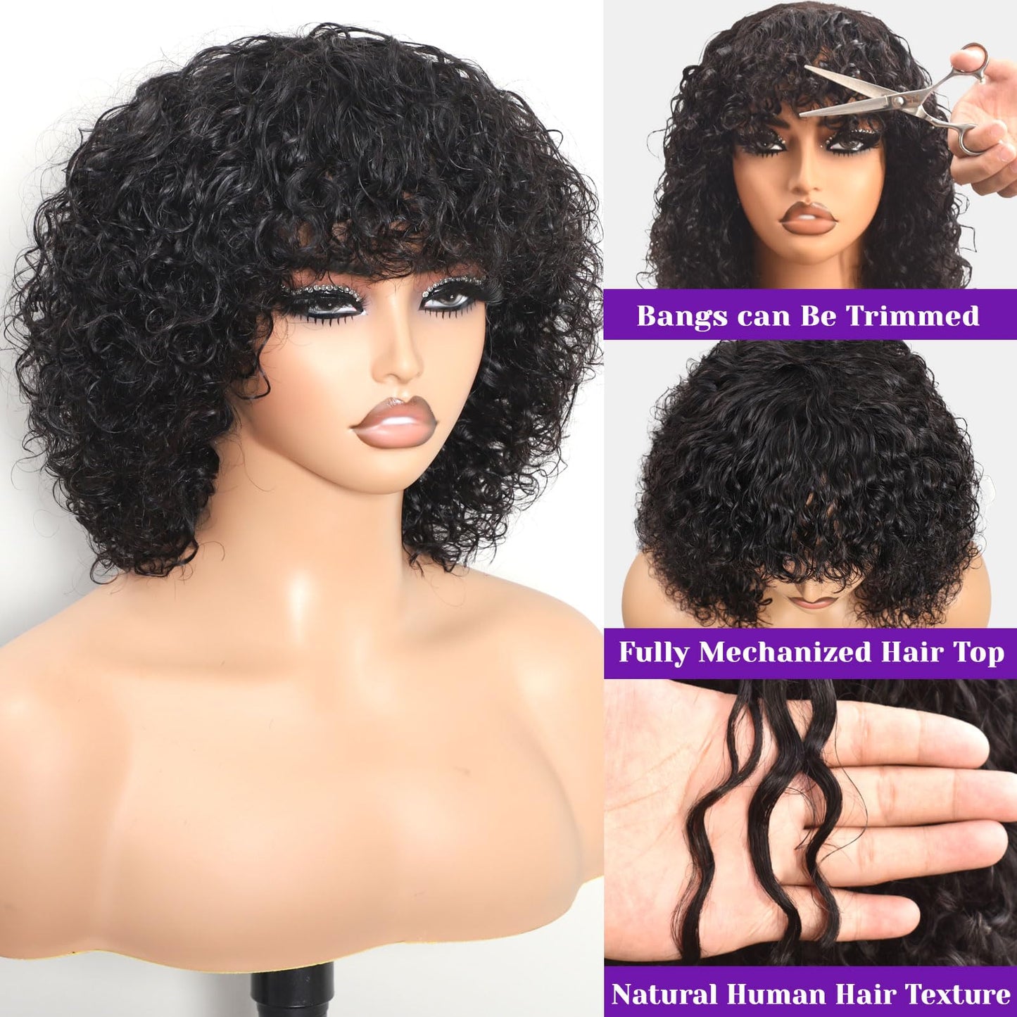 REMESSE Short Curly Wig With Bangs Human Hair Curly Human Hair Wig With Bangs For Women Glueless 250% Density Water Wave Human H
