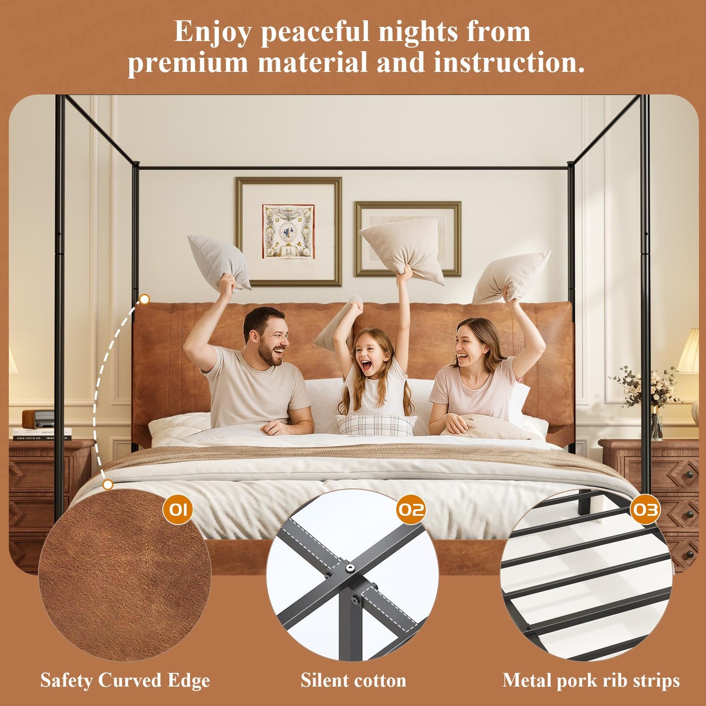 SAMTRA Modern Canopy Bed Frame with Upholstered Faux Leather Headboard – Tall Four Poster Metal Platform Bed, No Box Spring Needed, King Size, Brown and Black