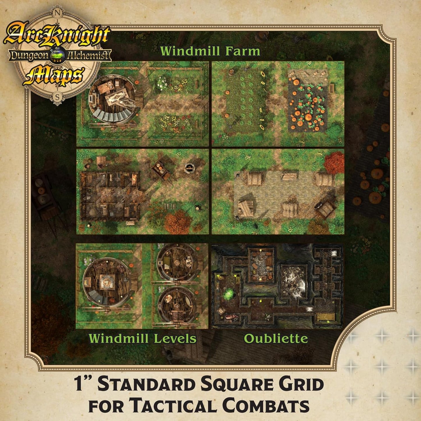Arcknight The Vale of Adventure Roleplaying D&D Battle Map; 16 Modular RPG Maps in 8 Double-Sided Pages, 1" Square Grid, Modular & Versatile DND Map for ttrpg Gaming - for Dungeons & Dragons