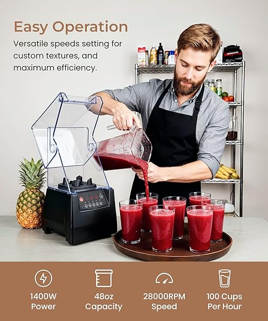 SYBO HSS-210E Commercial Professional Blender With Quiet Shield, Heavy-Duty 1400W High-Speed, 48oz BPA-Free Jar, Easy Cleaning & Dishwasher-Safe, for Juice, Ice Shakes, Smoothies, Metallic
