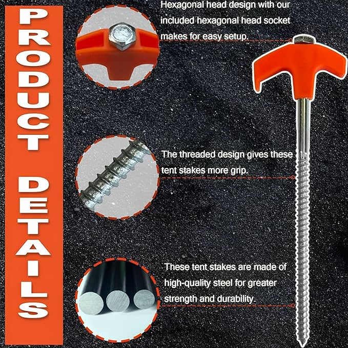 8" Screw in Tent Stakes - Ground Anchors Screw in, Screw in Tent Stakes Heavy Duty, Metal Threaded Tent Spikes, Tent Pegs Camping Stakes, Tent Stakes for Outdoor Camping (8pcs)