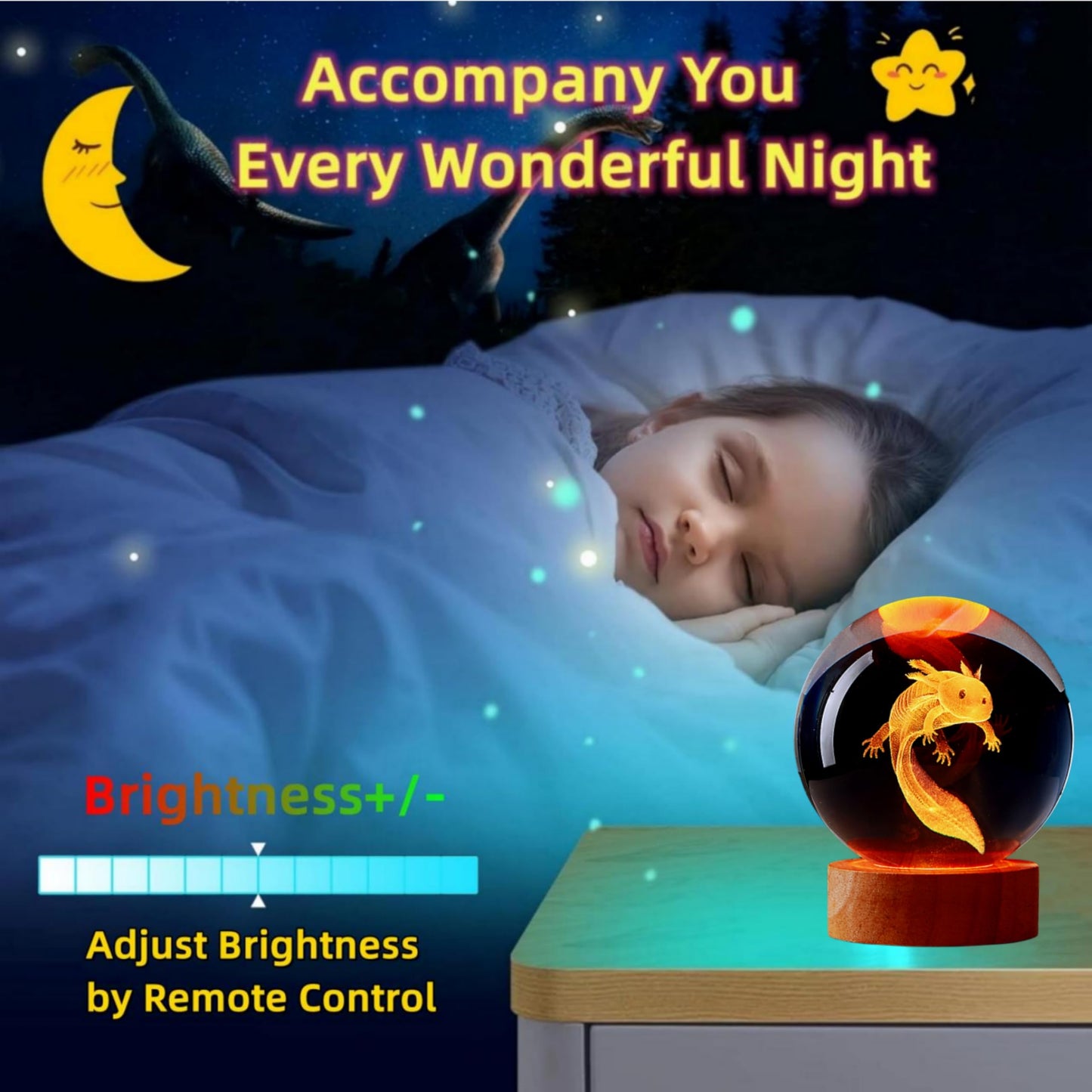 DIGFPWT Axolotl Crystal Ball Night Light, 3.15 Inch, LED Wooden Base, Remote Control, 16 Colors, Gift Box Packing, Axolotl A