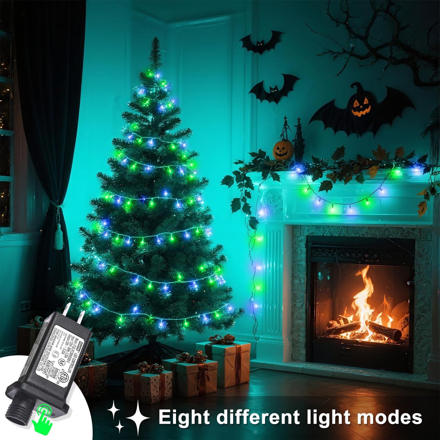 120 Led Blue Green Christmas Lights Outdoor Waterproof  40Ft Clear Wire Christmas Tree Lights 8 Modes Plug In Twinkle Fairy Lights For Indoor Christmas Bedroom Tree Decoration