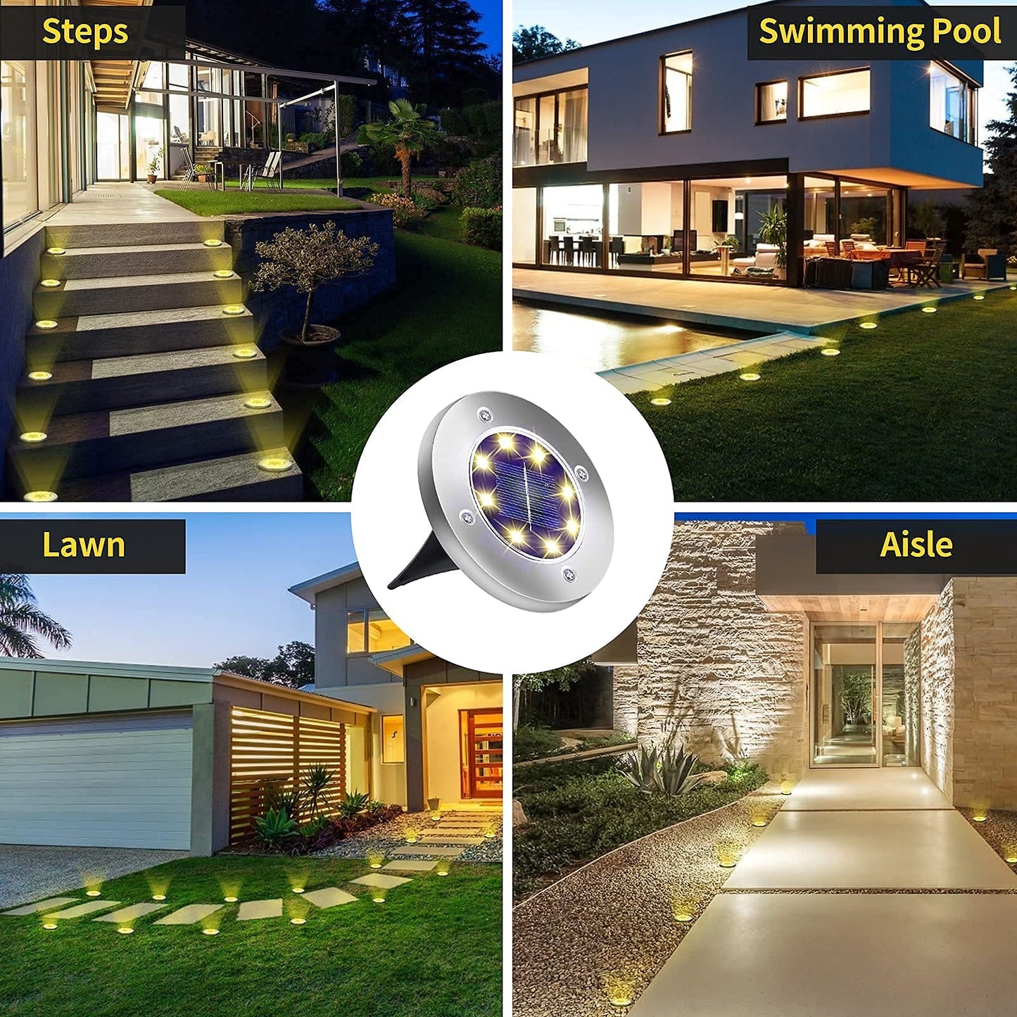 Aogist Solar Ground Lights, 12 Packs, 8 LED Waterproof Disk Lights, Stainless Steel, Warm White, Model DMD-1214
