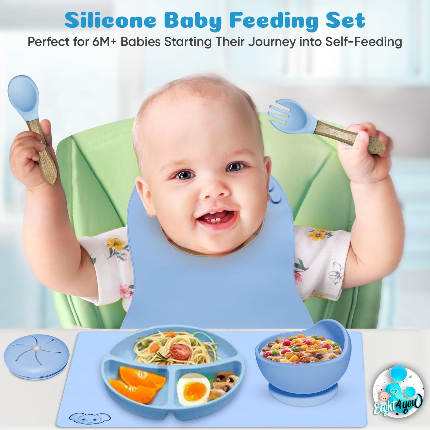 Silicone Baby Feeding Set - Baby Led Weaning Supplies with Sippy Cup, suction plate and bowl, Spoons, Forks, Fruit Pacifier, Bib, and Baby Eating Essentials for 6+ Months - Eight4you