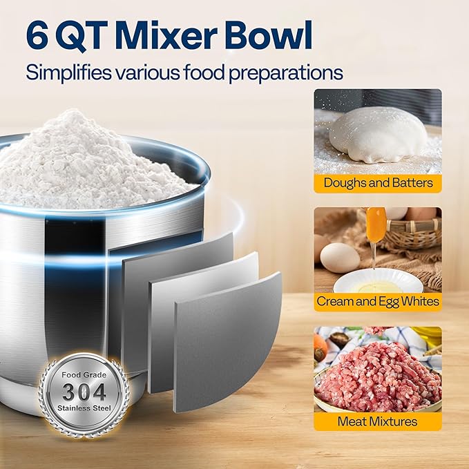 VIVOHOME 3-in-1 Stand Mixer, 6 Quart Electric Tilt-Head Kitchen Mixer with Bowl, Multifunctional Food Mixer with Meat Grinder and Blender Attachments, Dough Hook, Beater, and Whisk, Blue