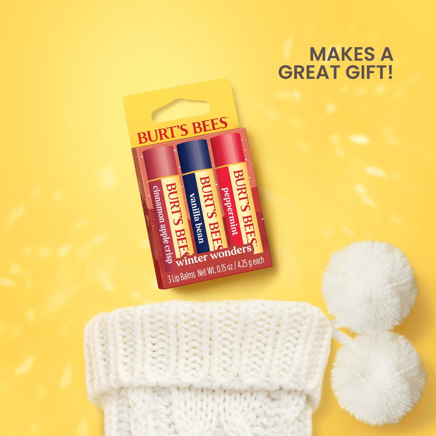 Burt's Bees Stocking Stuffers, Winter Wonders Lip Balm Set for Christmas Gifts, With Responsibily Sourced Beeswax, Natural Origi