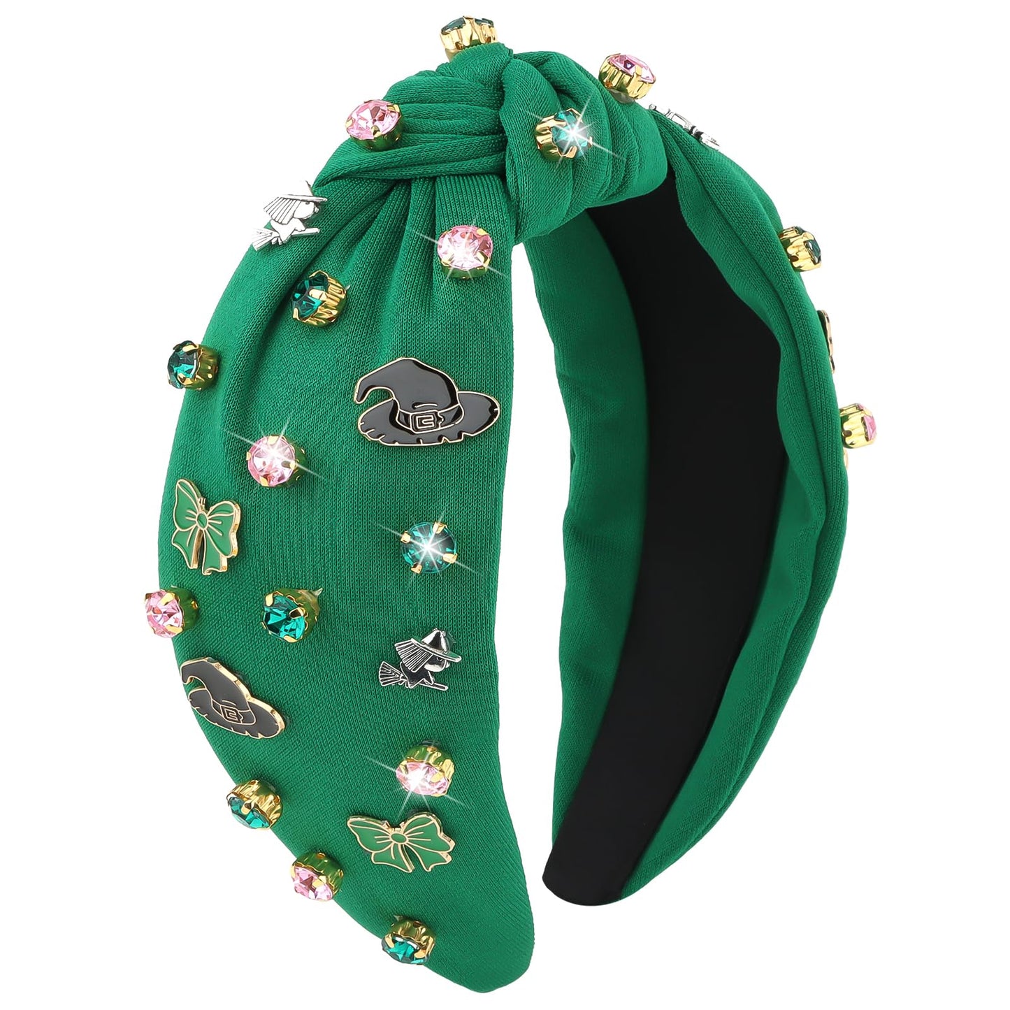 YARIEW Witch Headbands for Women Green Knotted Headband with Hat Bow Witch Theme Birthday Party Decorations Rhinestone Twisted K
