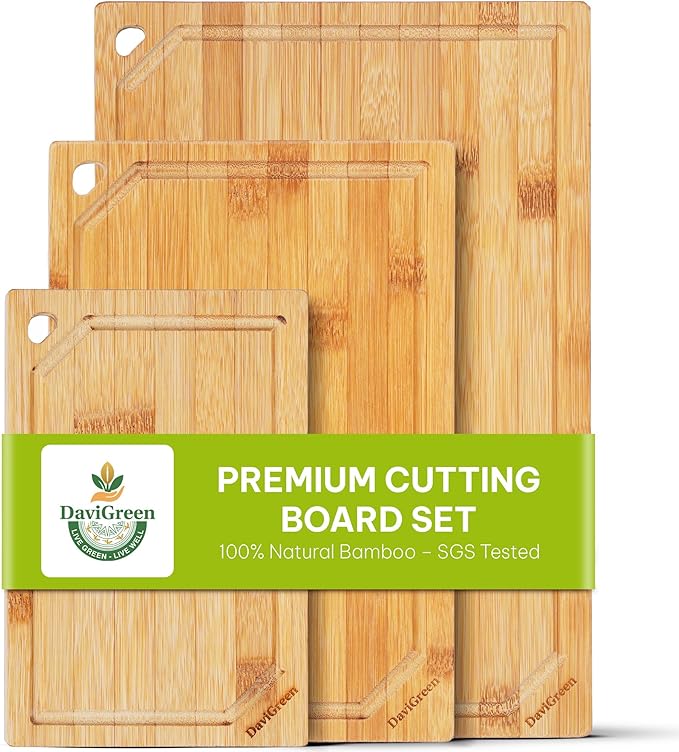 Bamboo Cutting Board Set – 3-Piece Natural Bamboo Boards with Deep Juice Groove & Hanging Hole, 0.6-Inch Thick, Warp-Resistant, Food-Contact Safe