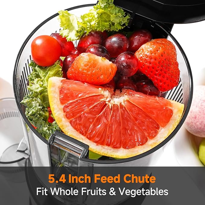 Cold Press Juicer Machines with 5.4" Wide Feed Chute - Slow Masticating Juicer Extractor for Whole Fruits & Vegetables - Quiet Motor, Easy to Clean with Brush - High Juice Yield - Black