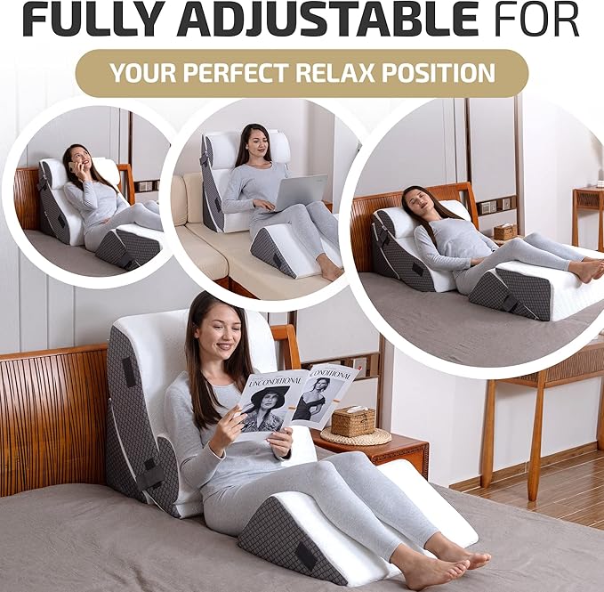 Orthopedic Bed Wedge Pillow Set w/Leg Elevation Pillow - Perfect Adjustable Memory Foam Pillows for After Surgery Recovery, Back Support, Pain Relief & Sleeping (5 pcs Grey with Cooling Fabric)