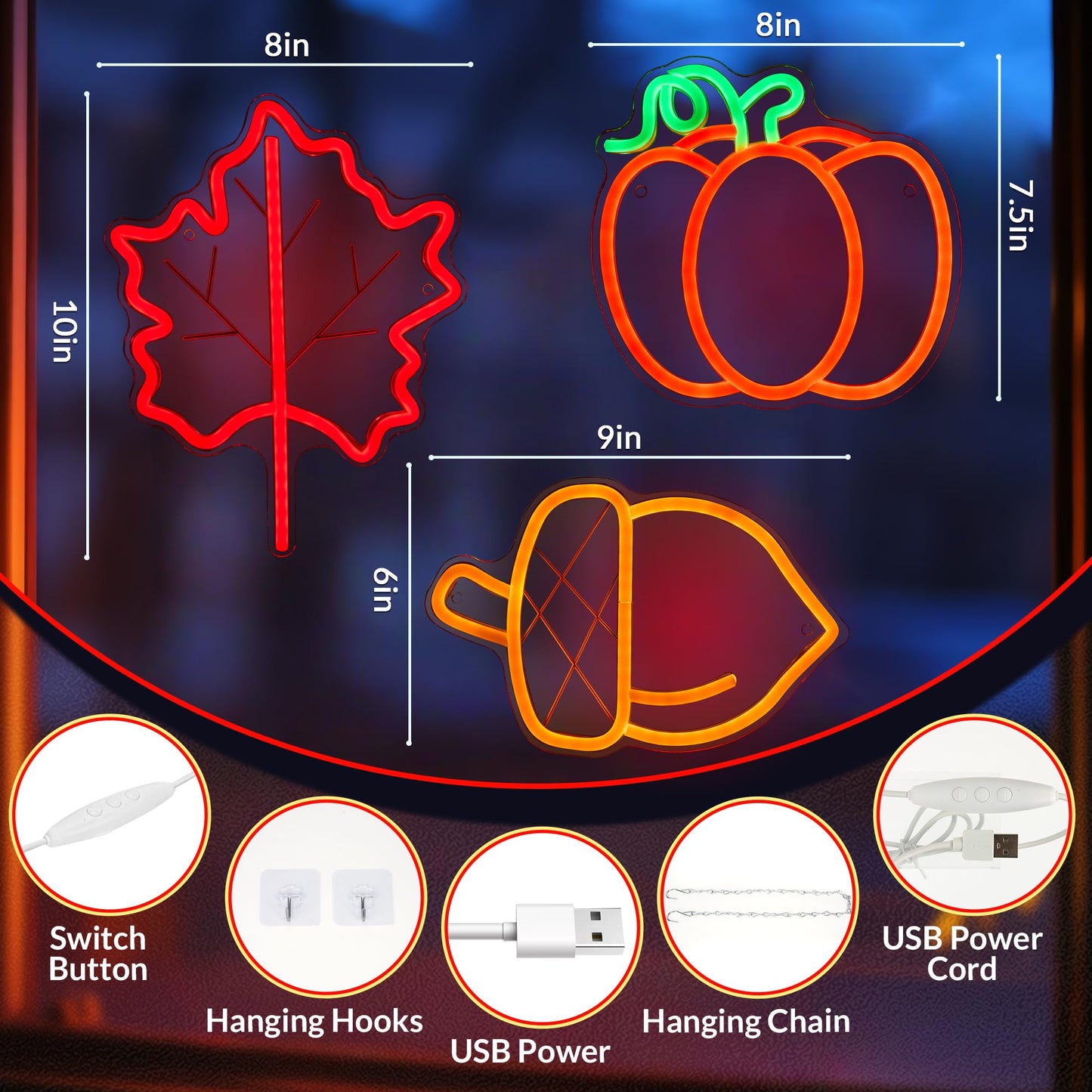 Hanna Roberts 3 Pcsthanksgiving Neon Sign  Pumpkin Maple Leaf Acorn Neon Led Lights  Usb Powered Window Lights For Halloween Thanksgiving Party  3D Wall Art Signs For Home Bedroom Living Room