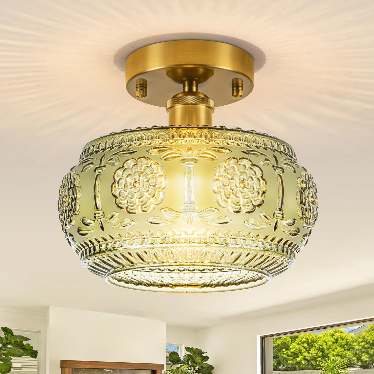 Tbaoinla Semi Flush Mount Ceiling Light Fixture - Brass & Gold Floral Design  Green Glass Shade  Vintage Modern Lighting For Kitchen  Bathroom  Entryway (Bulb Not Included)