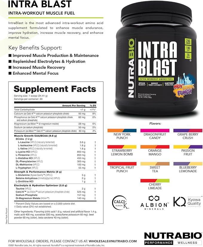 NutraBio Intra Blast Bcaa Powder Amino Acid Supplement, Electrolyte & Hydration Blend, Intra, Pre Workout & Muscle Recovery, 20g Eaa Amino Acids Powder, 5g Glutamine- Blueberry Lemonade, 30 Serving