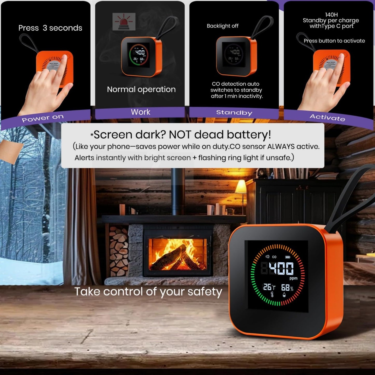 Portable Carbon Monoxide Detector for Travel – Nexus Sensus 3-in-1 CO Detector with Temp & Humidity Monitor, UL-Compliant USB-C Rechargeable Alarm for RV, Hotel, Camping, Home(1, Orange)