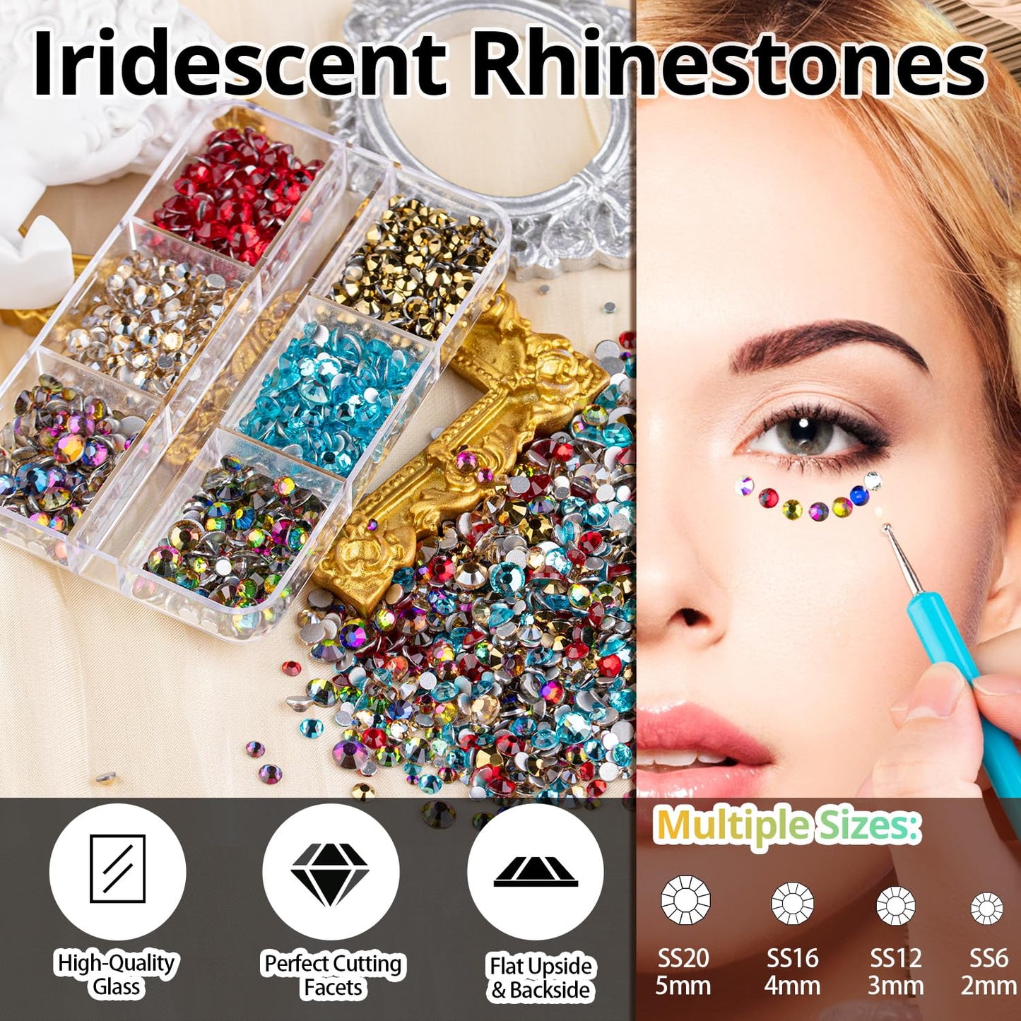 Colorful Face Gems for Makeup Set, Flatback Gorgeous Glass Clear+Mixed-Colored Crystals with Picker Pencil, Makeup Glue, Dual-End Dotting Tool, Tweezer for Eye Body Hair Make-up and Nail Art Deco