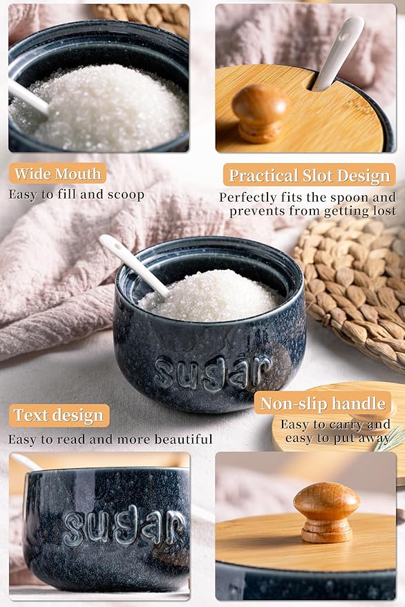 LYEOBOH Sugar Bowl with Lid and Spoon,17 OZ Large Sugar Jar for Countertop, Ceramic Sugar Dish for Coffee Bar, Azucarera for Farmhouse Home and Kitchen - Housewarming Gift, Starry Navy