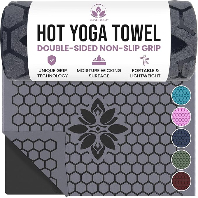Clever Yoga Hot Yoga Mat Towel – Non-Slip Grip for Hot Yoga, Sweat Absorbent, Honeycomb Silicone Grip, Stays Flat – Ideal ...